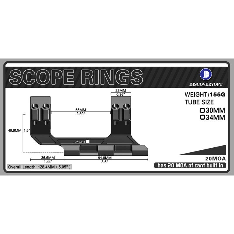 20 MOA Cantilever Scope Mounts 34mm or 30mm Tube High Precision Shockproof for Picatinny Rail - DiscoveryOpt Rifle Scopes-UK - 